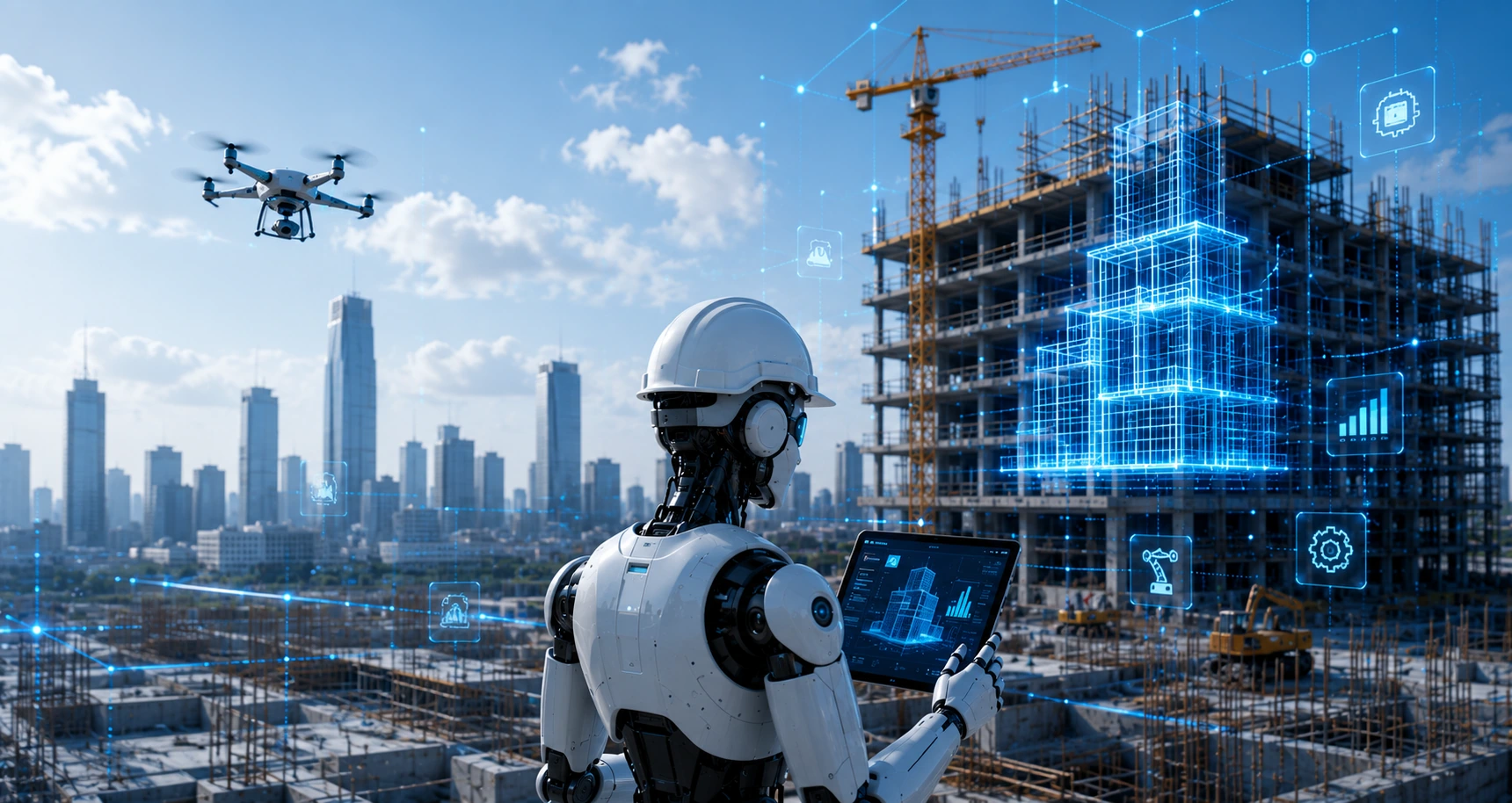 A humanoid AI robot wearing a hard hat reviews a BIM building model on a tablet at a construction site, with a holographic digital twin, a tower crane, a survey drone, and a city skyline — AI in construction technology.